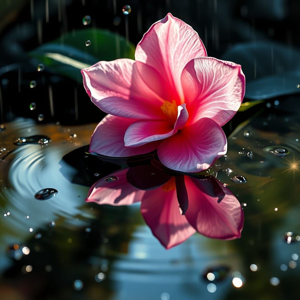 Gardenia Blooms Reflected in Rainy Puddle