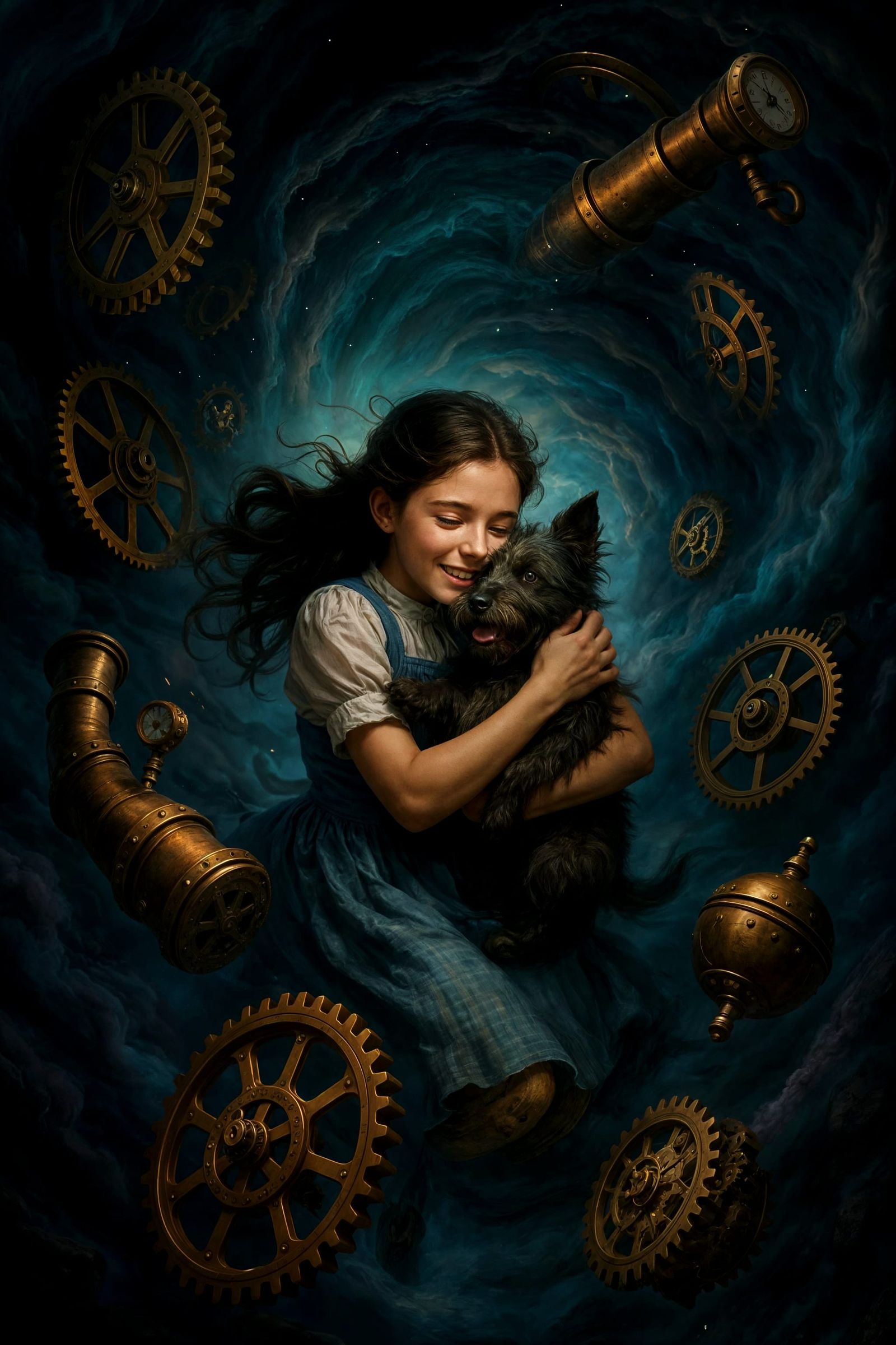 Girl and Dog in a Vortex of Colored Smoke