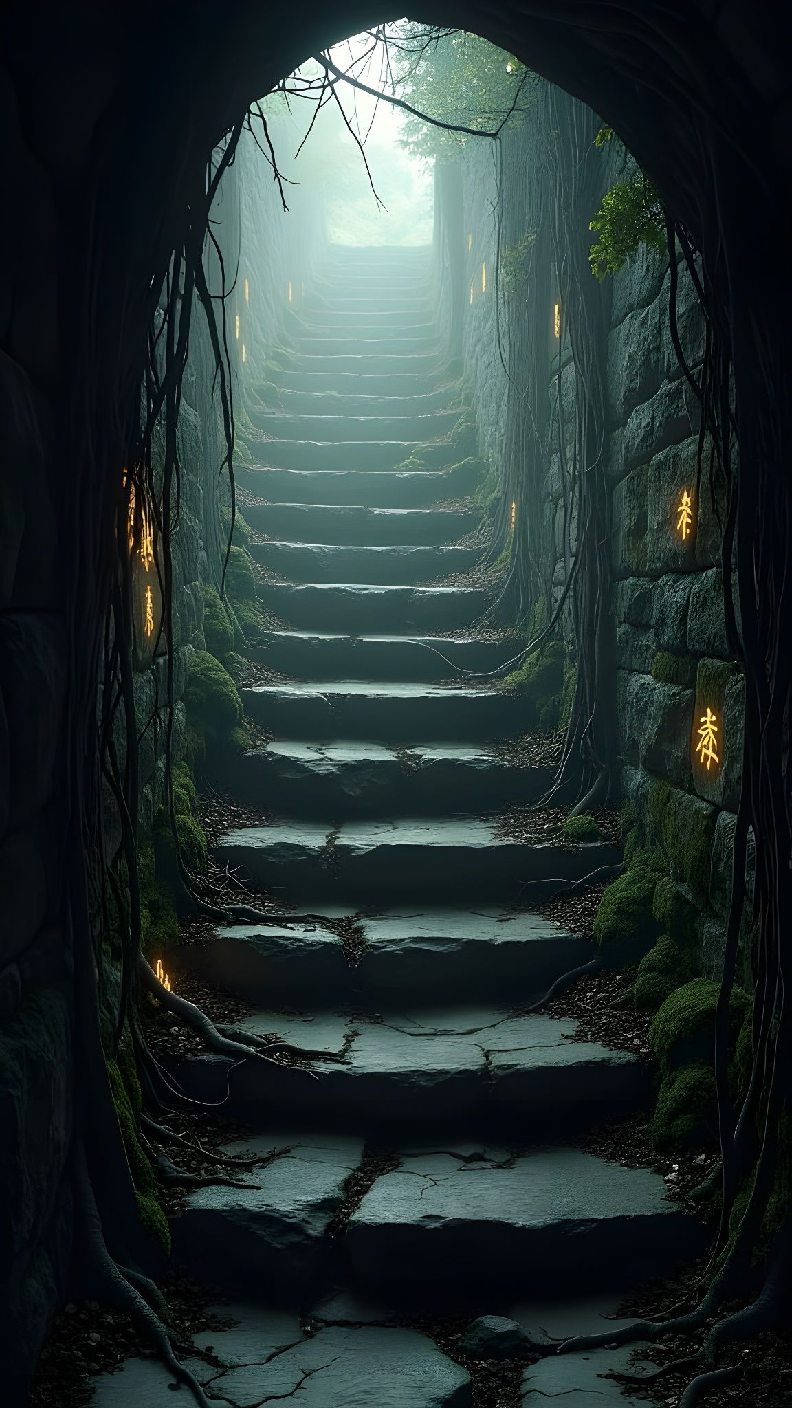 Stone Staircase in Nordic Spiritual Style, Lit by Golden Sym...