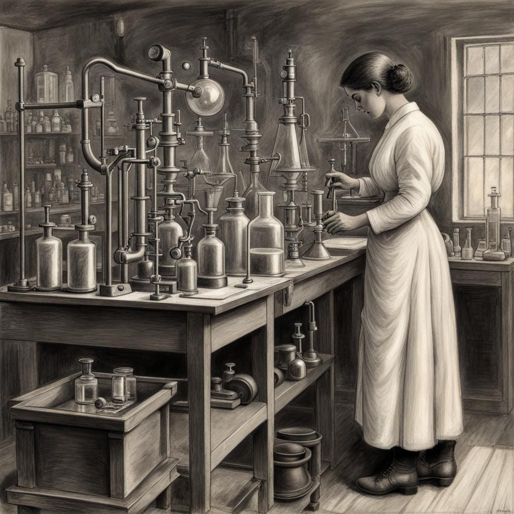 Argentinian Chemist in Laboratory, Charcoal Drawing