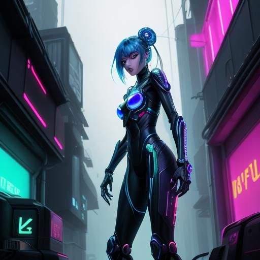 Cyberpunk Cyborg Heroine in Neon Cityscape