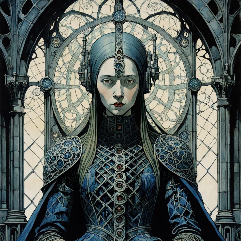 Cyborg Oracle Portrait Amidst Burning Cathedral