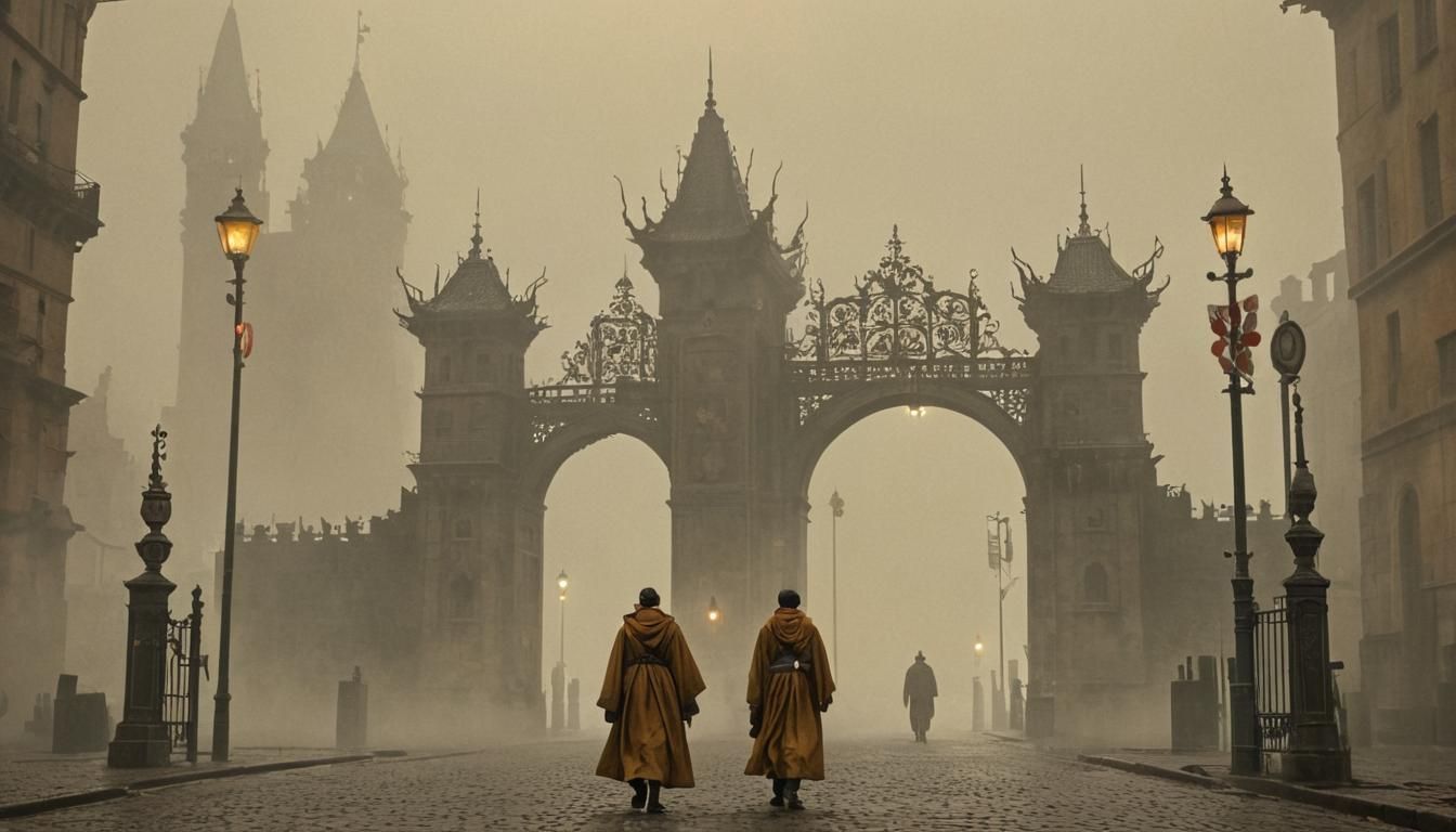 Ominous Cityscape: Travelers Approaching Surreal Gates