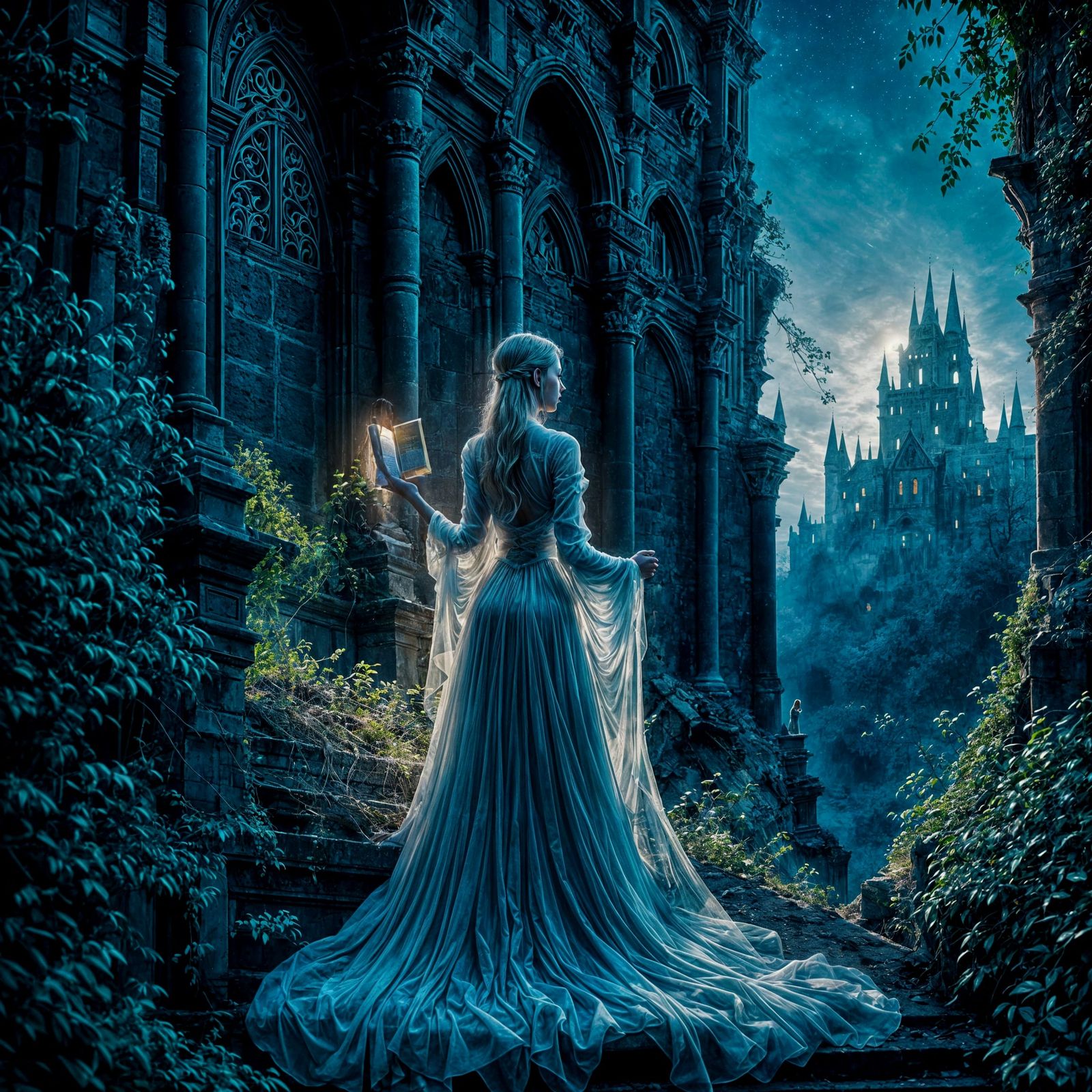 Abandoned Castle Ruins under Midnight Light