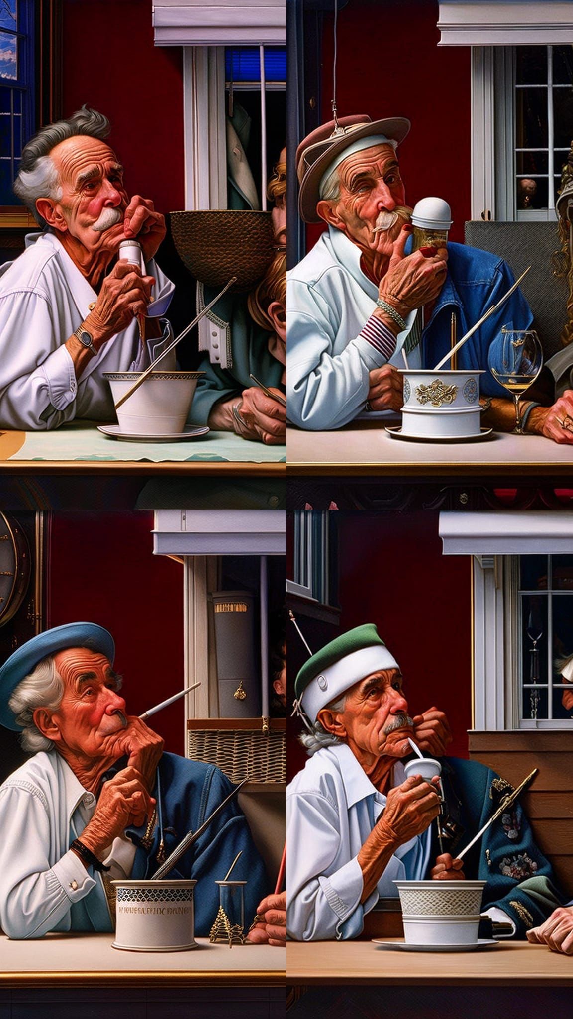 Norman Rockwell style illustration of junkies smoking crack and using needles in a crack house set in the 1990s