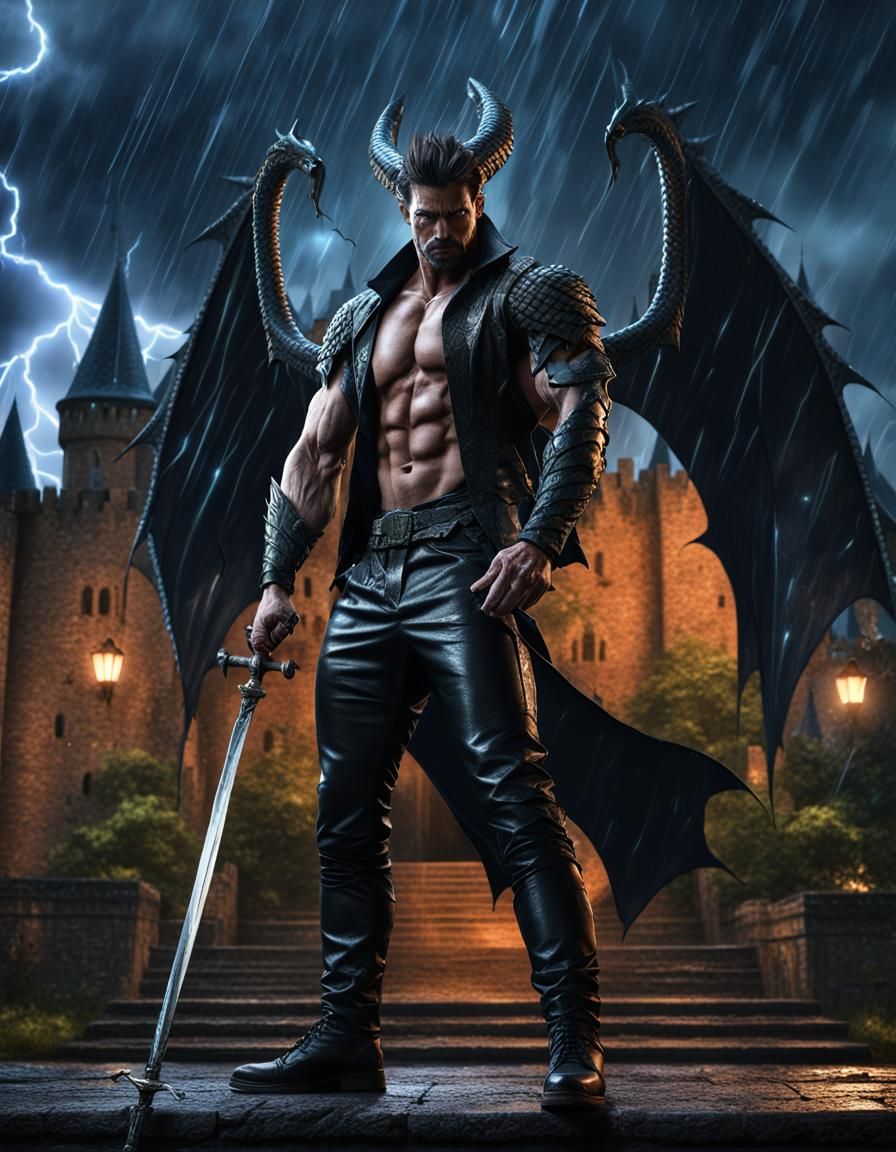 Muscular Dragon Man with Sword in Rainy Gothic Scene