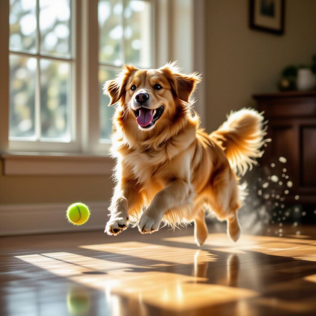 Golden Retriever Leaping for Tennis Ball with Sunlight