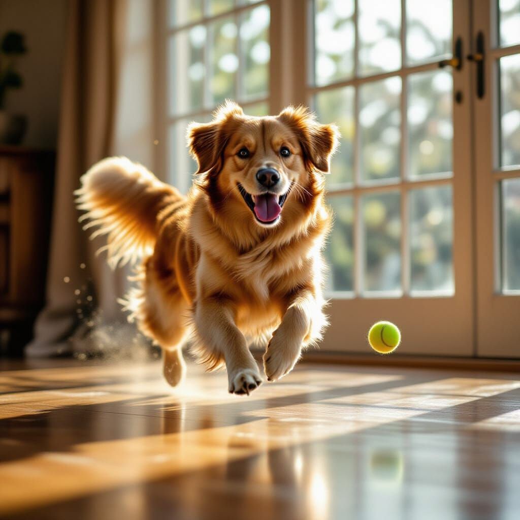 Golden Retriever Leaping for Tennis Ball in Sunlit Room