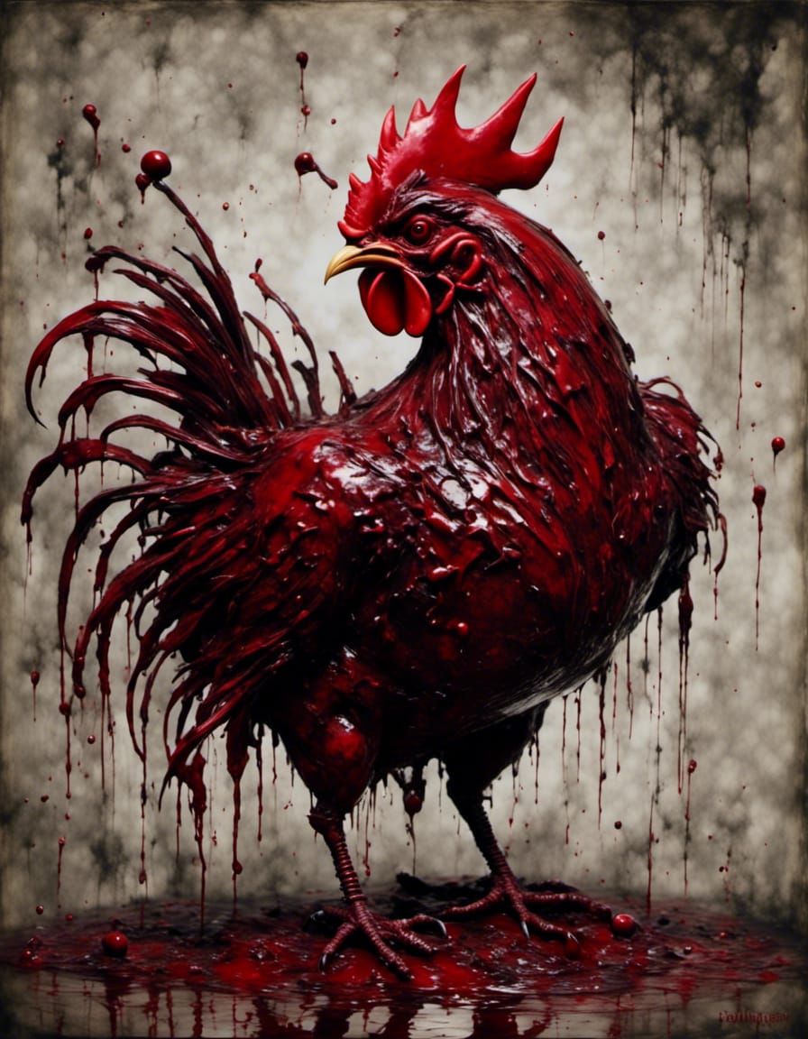 Demonic Rooster Soaked in Dark Red Paint