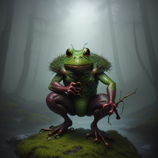 Vibrant Frog in a Misty, Mossy Environment
