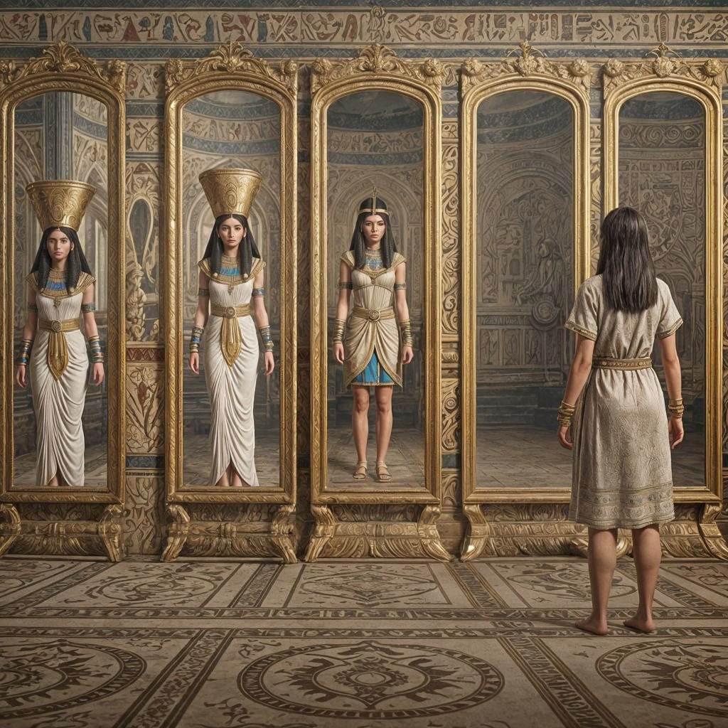 Egyptian Woman's Futures Reflected in Ornate Mirrors