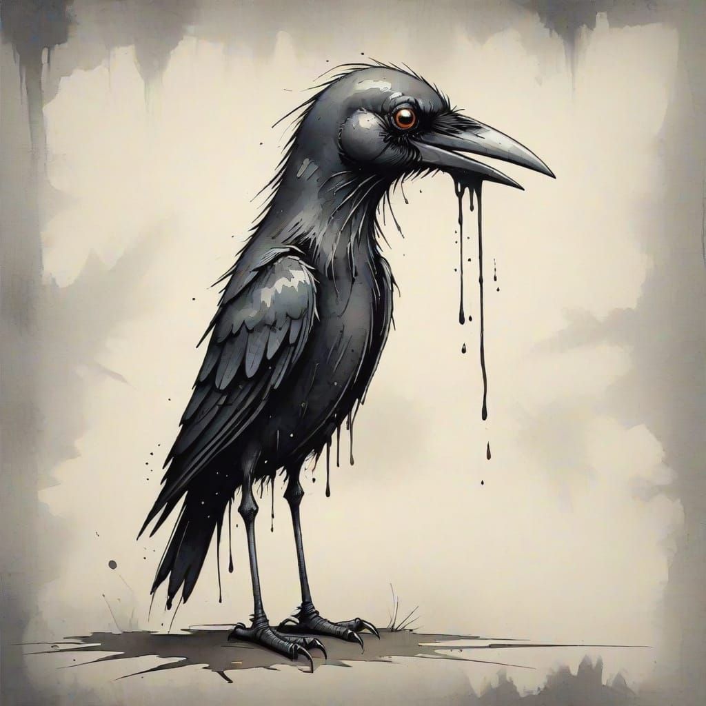 Grimy, Whimsical Crow in Dark, Bleached Charcoal Drawing