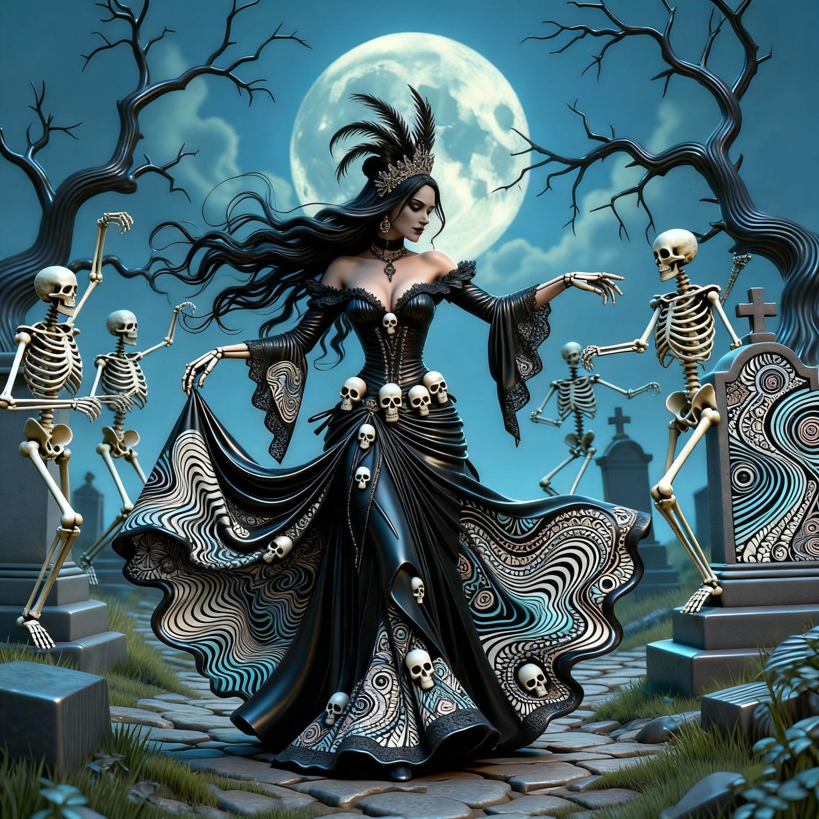 Dancing Skeletons in Abstract Fractal Wave Patterns