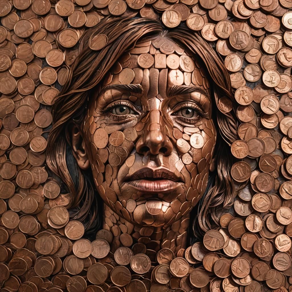 Distorted Penny Face: Hyperrealistic Copper Portrait