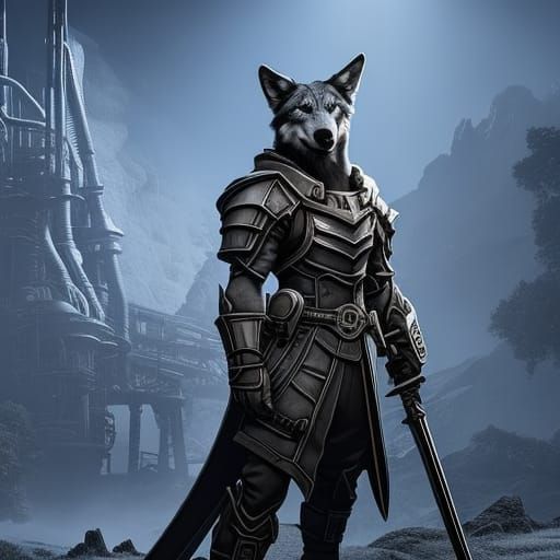 Anthro Wolf Engineer Lineart in Dark Fantasy Style