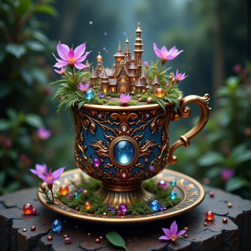 Miniature Dark Fairytale Kingdom Inside Ornate Bejeweled Cup