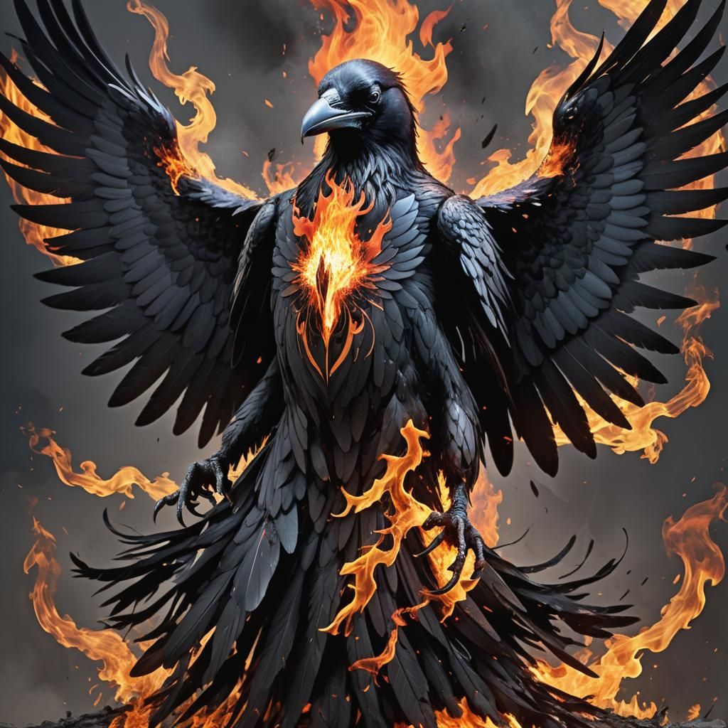Raven-Winged Figure Engulfed in Flames, a Digital Image