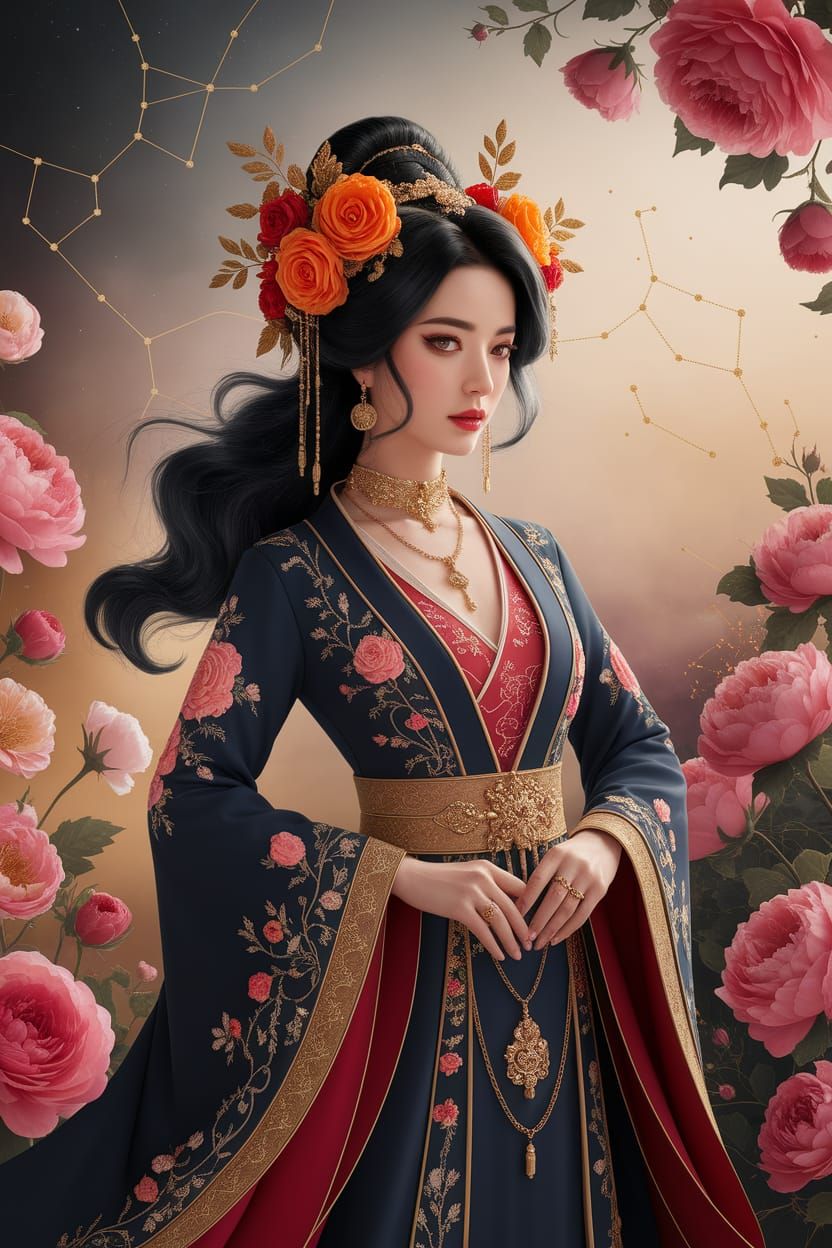 Elegant Woman in East Asian Attire with Celestial Backdrop