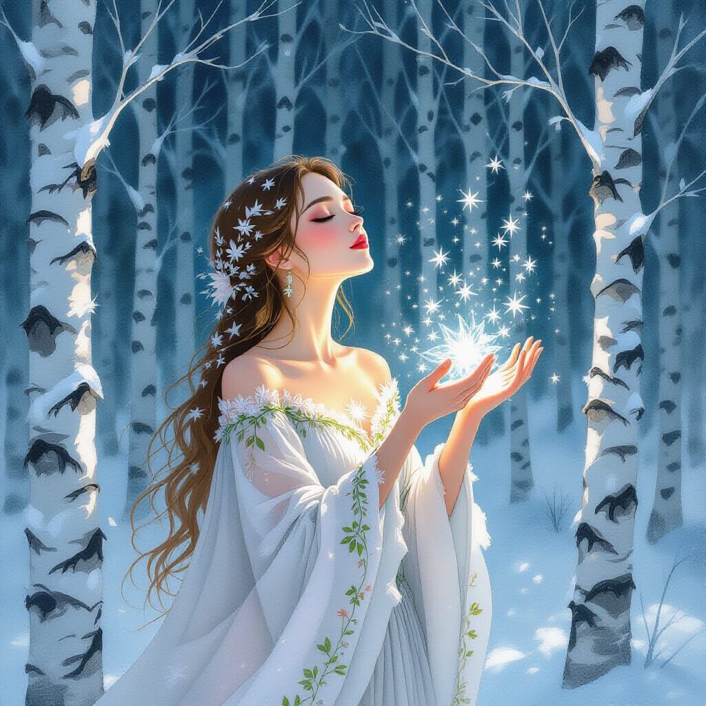 Ethereal Slavic Woman in Winter Forest, Watercolor and Ink