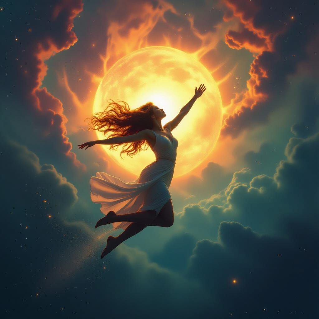 Woman Reaching for Sun in Cosmic Digital Painting