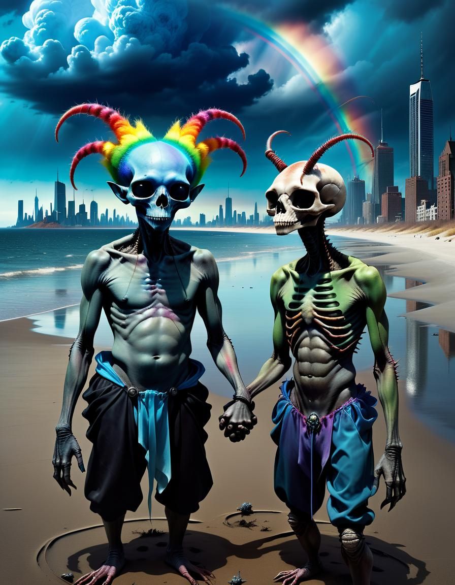 Alien Duo on a Desolate Beach, Bosch-Inspired Surrealism