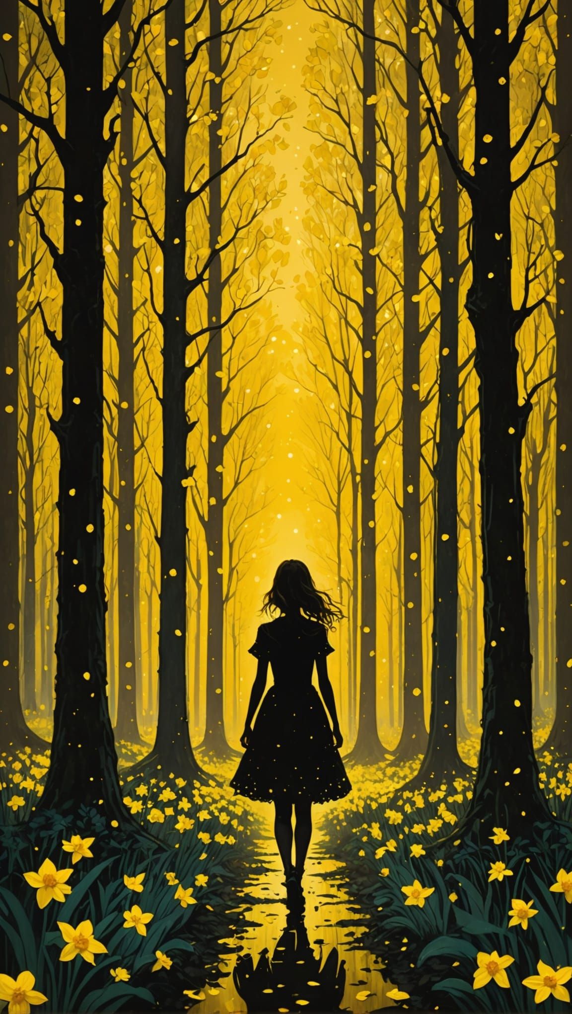 Girl in Dreamy Daffodil Forest at Night