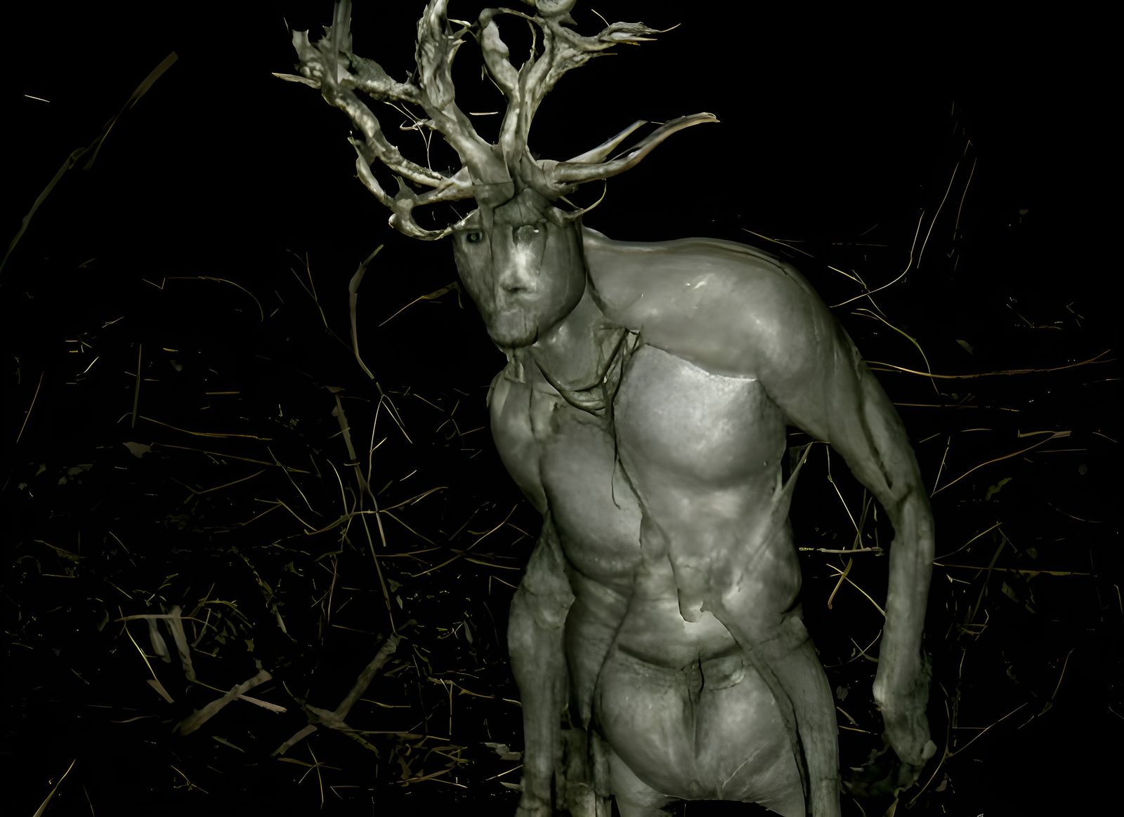 Cernunnos in Dense Forest, Trail Camera Night Vision