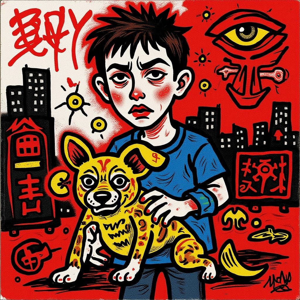 Boy and Dog in Urban Landscape as Neo-Expressionist Art