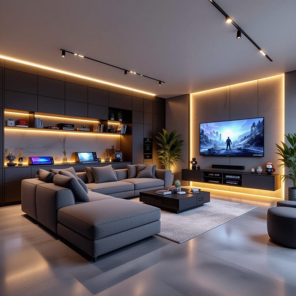 Modern Moody Gaming Lounge: LED Lighting & Media Wall