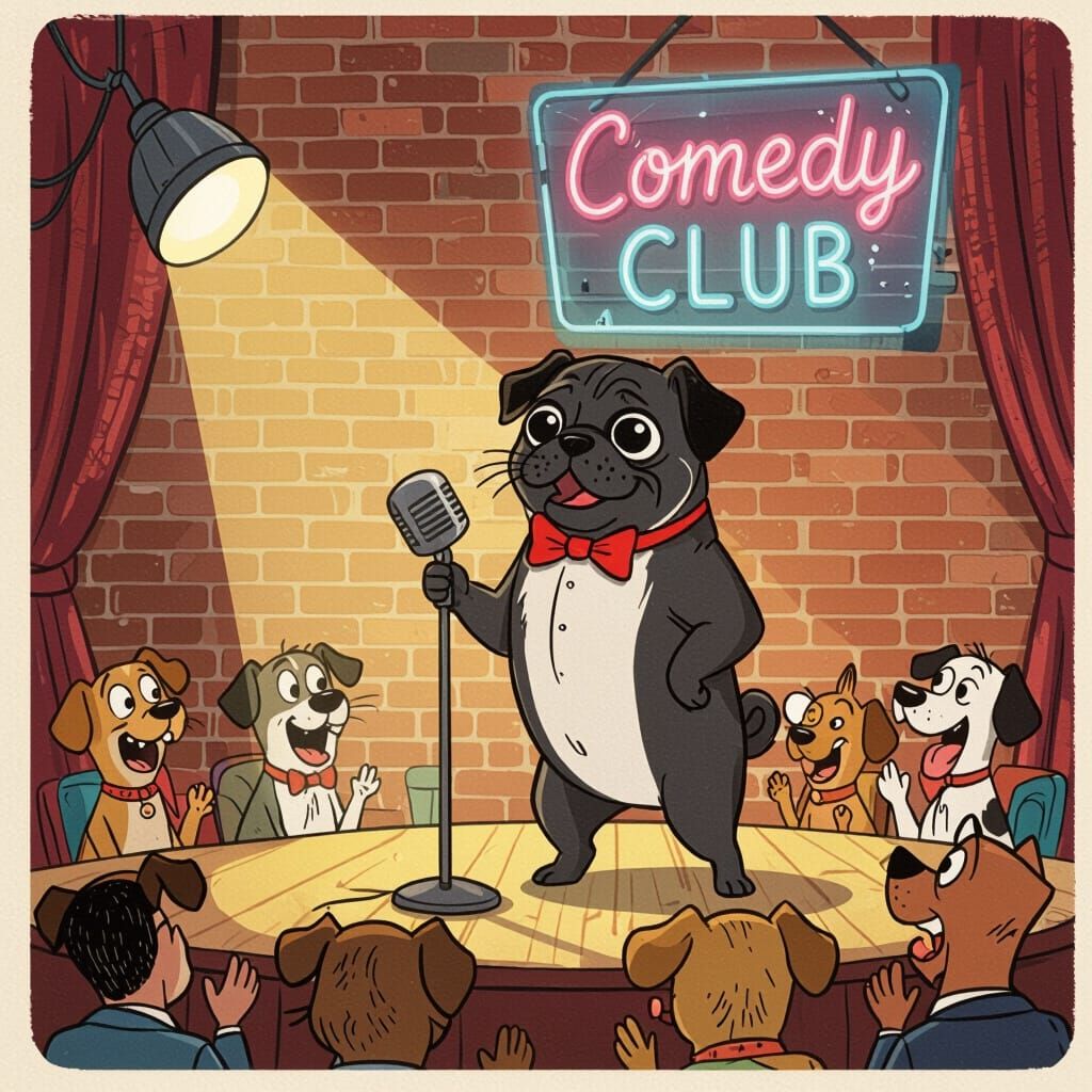 Retro Cartoon Pug Dog Performs Stand-Up Comedy