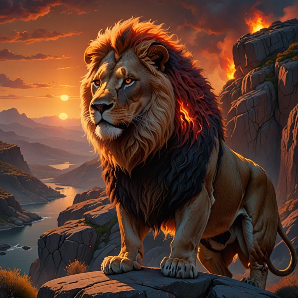 Fiery Lion on Rocky Cliff: Fantasy Concept Art