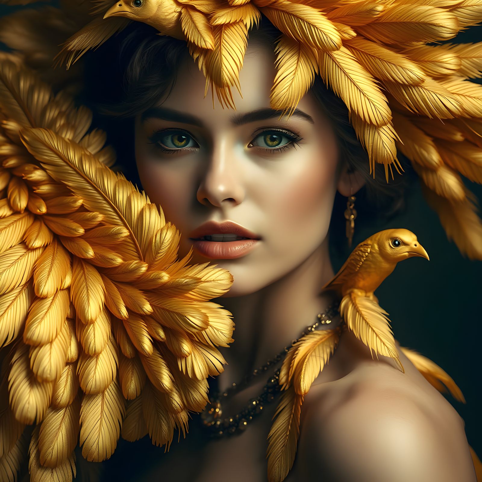 Hyperrealistic Portrait of a Woman in Golden Feather Adornme...