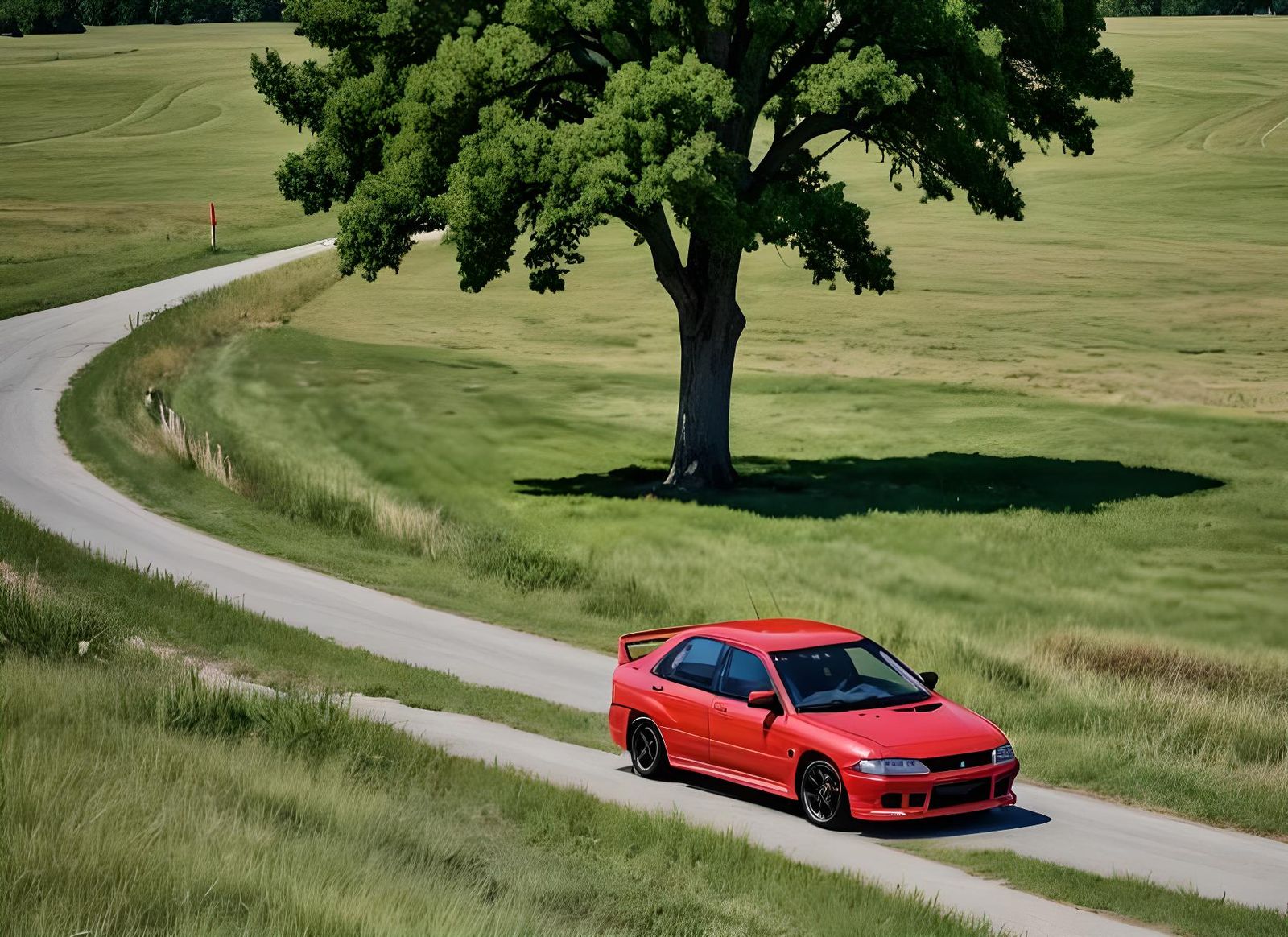 Neon Red Mitsubishi Lancer Evolution IV on Pavement