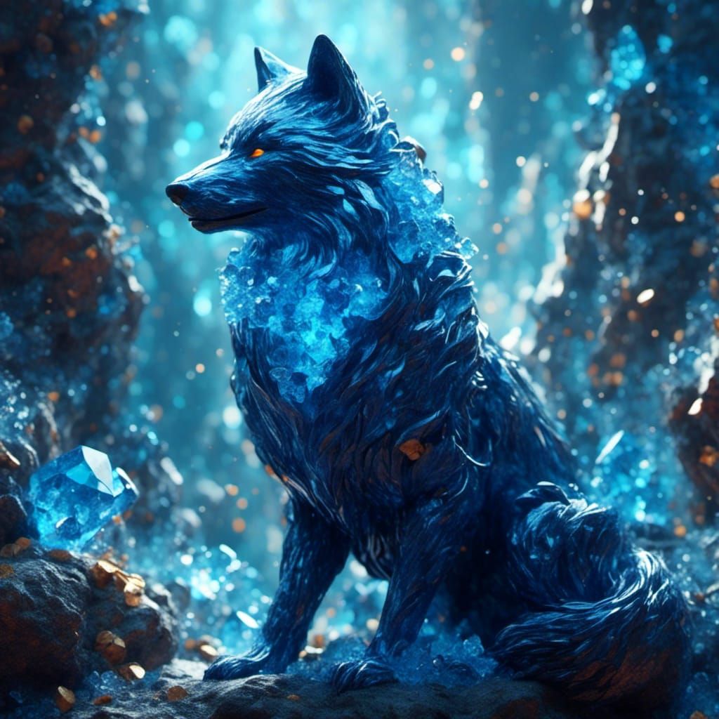 Blue Crystal Wolf in Detailed Fantasy Art Style