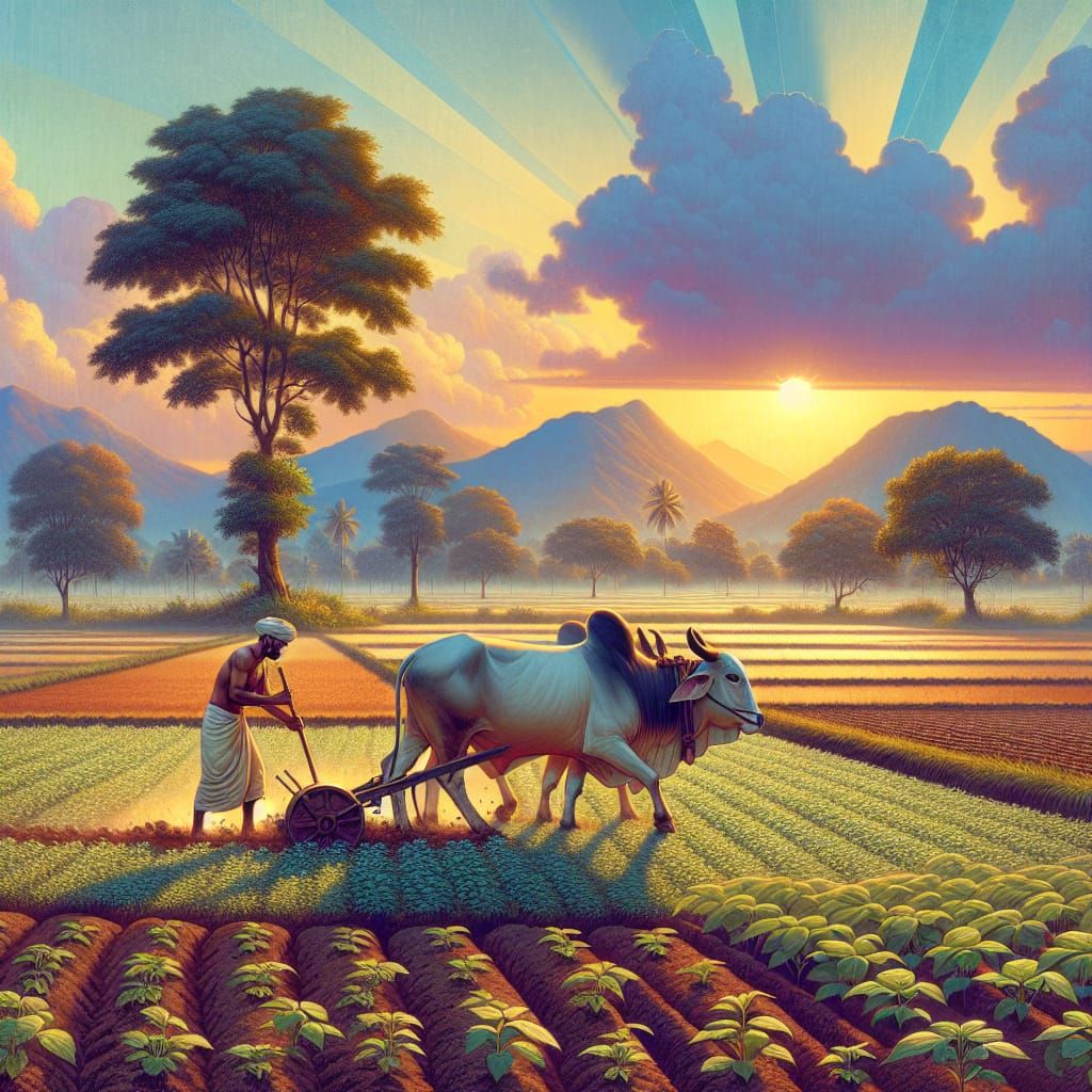 South Asian Farmer Ploughing Field at Sunrise: A Realist Sce...