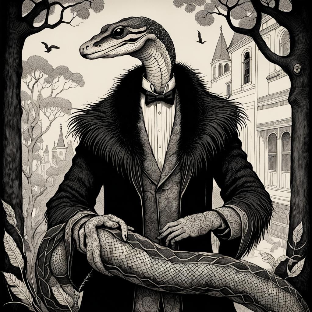 Gothic Boa Constrictor in Feather Boa Illustration