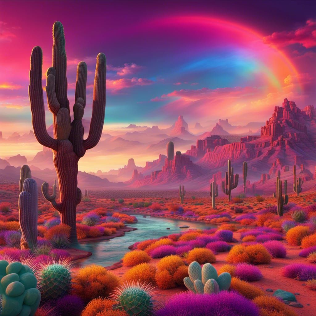 Vibrant Rainbow Sunset Over Desert Landscape