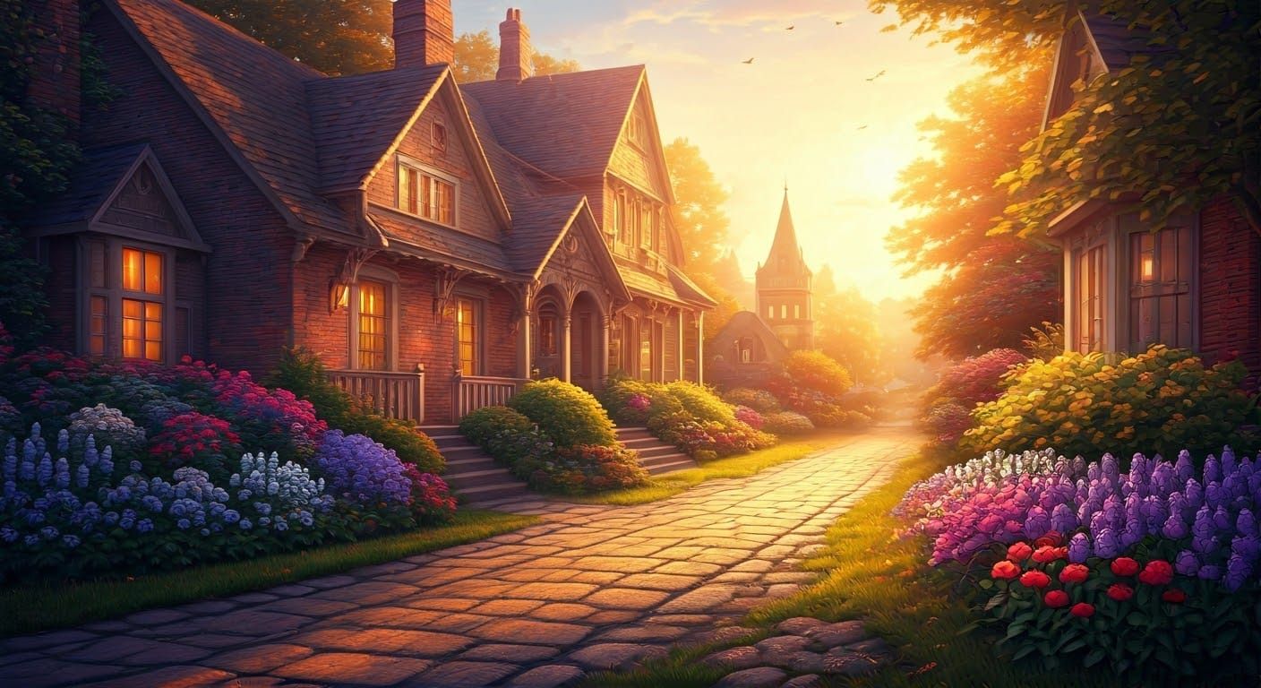 Ethereal Golden Hour Scene in Thomas Kinkade Style