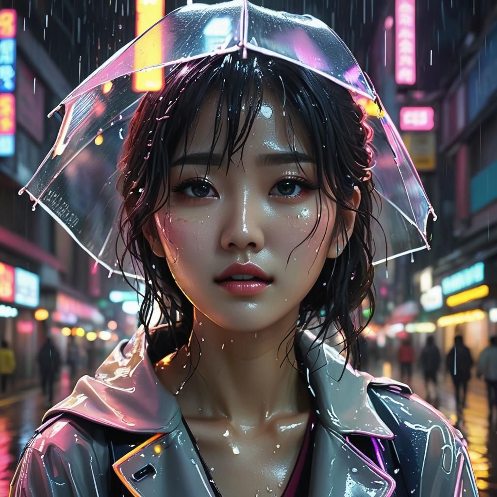 K-Pop Girl in Neon Rain Reflects on Lost Love