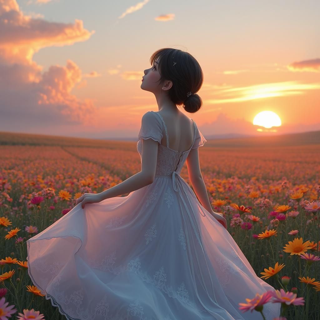 Girl Gazing at Sunset in Anime Art Style