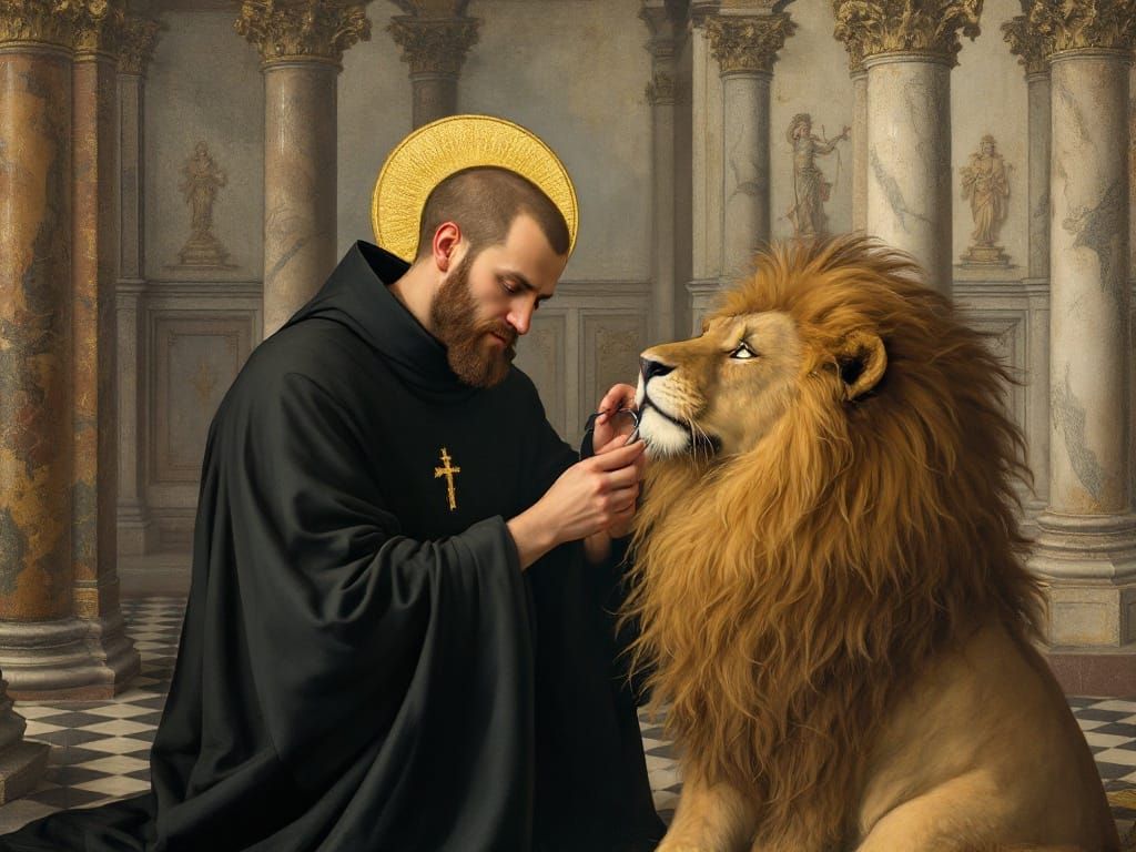 Surreal Renaissance Encounter: Monk and Lion in Whimsical Ha...