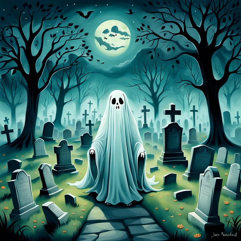Ethereal Ghost in Graveyard, Watercolor Painting