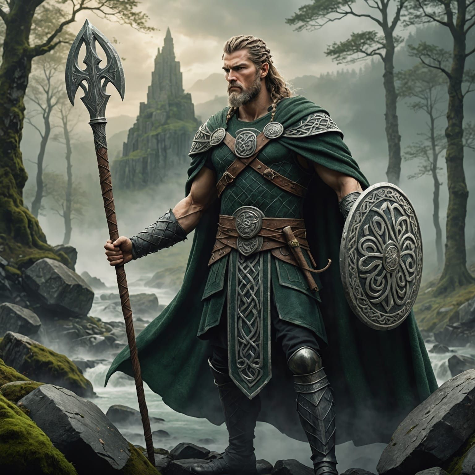 Celtic God Lugh with Spear in Misty Forest