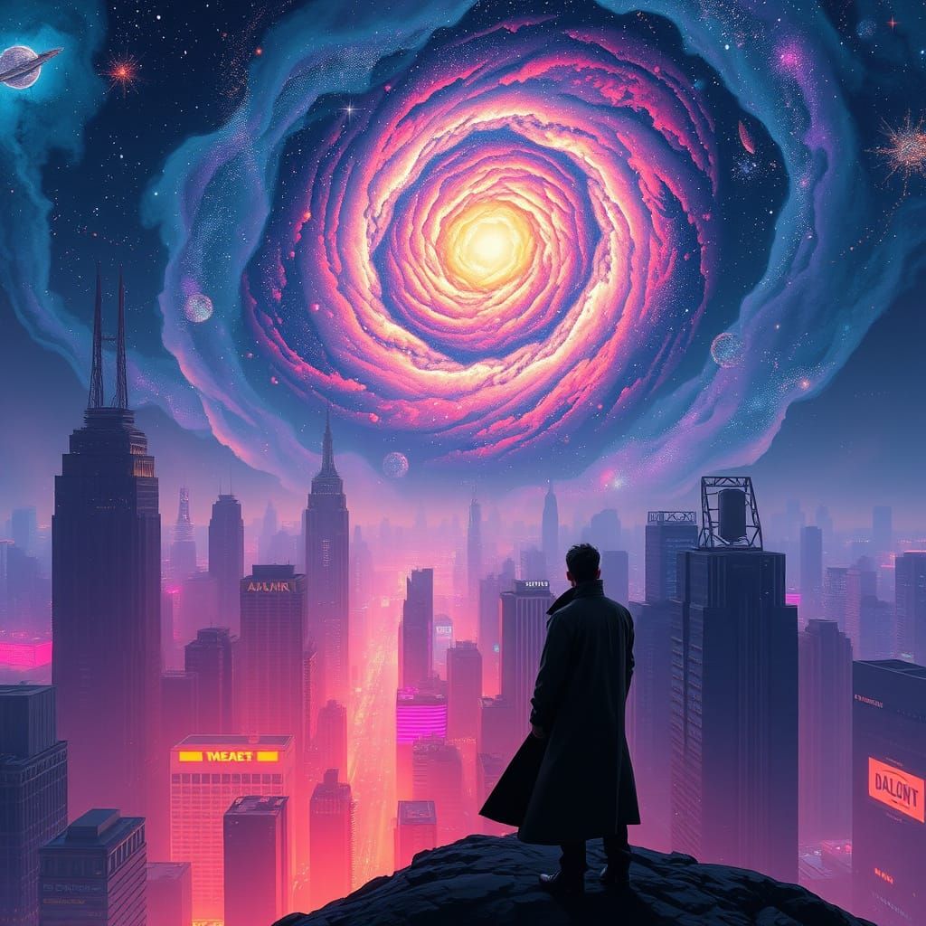 Dystopian City Gazer at Swirling Galaxies