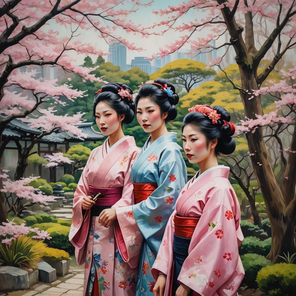 Geisha and Modern Girl in Tokyo Garden Oil Painting