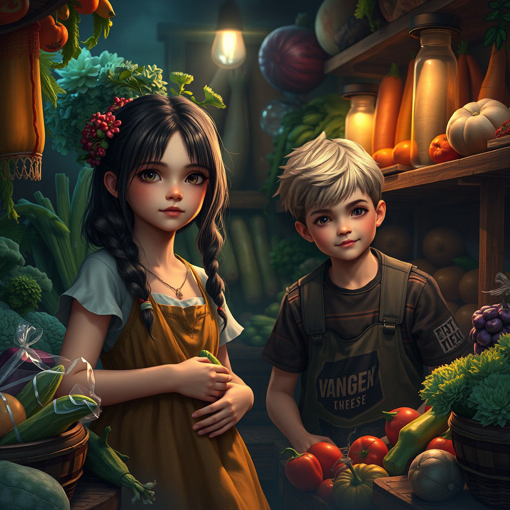 Kids in US Vegetable Store: Detailed Matte Painting