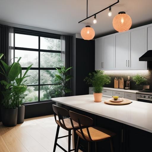 Modern Kitchen Interior with Lamps and Natural Lighting