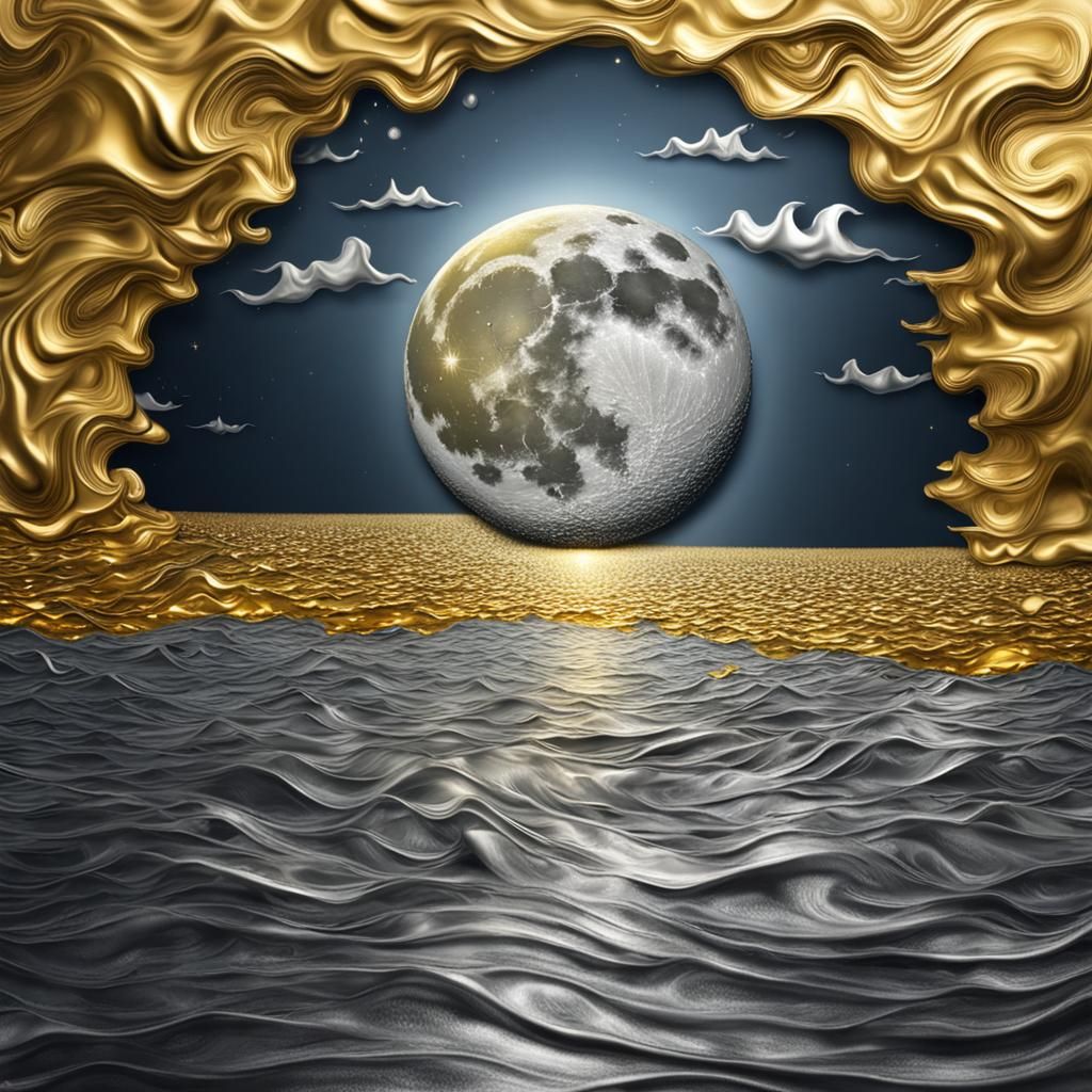 Silver Moon Swims in Golden Sea: Surreal Image