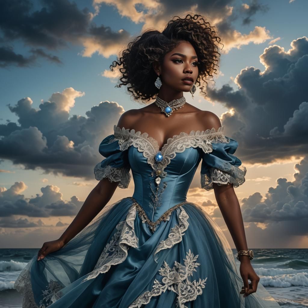 Voluptuous Woman in Victorian Dress by the Sea