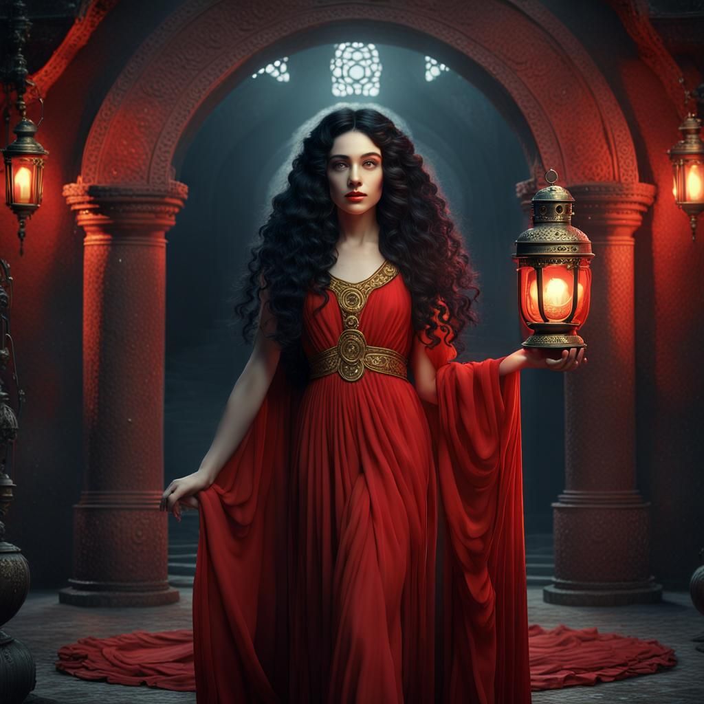 Greek Goddess Hekate in Red Gown, Matte Painting